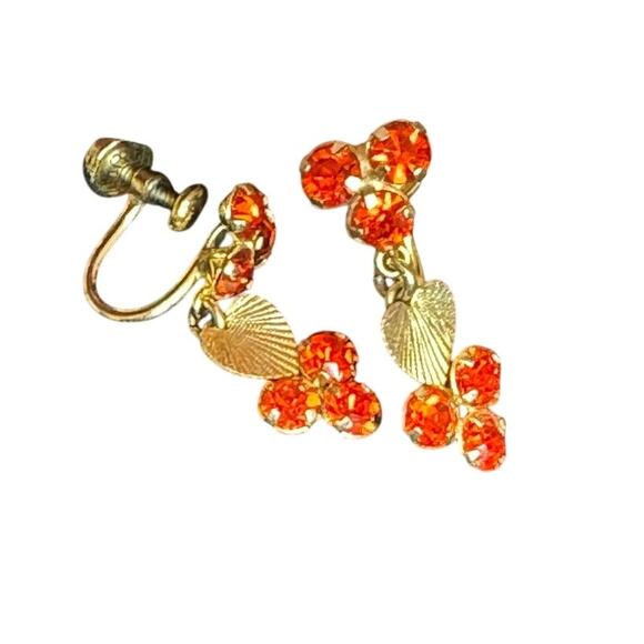 Vintage Star-ART 12K GF Screw-Back Earrings w/ Orange Rhinestones & Heart Drop - Picture 2 of 4